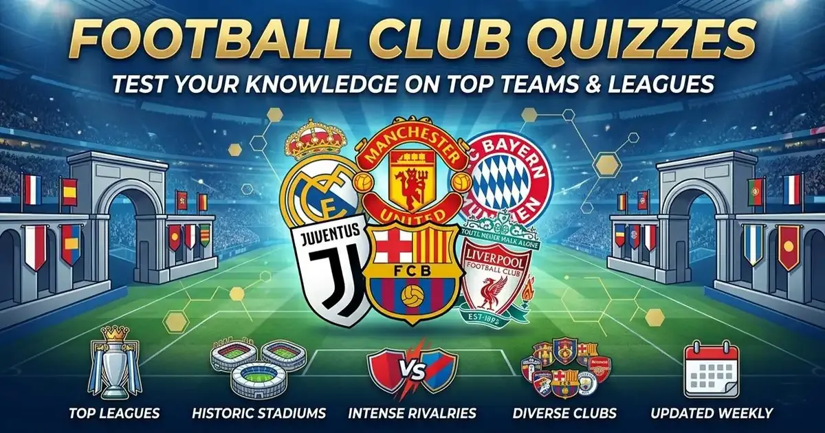 Football club quiz featuring team logos, stadiums, and club rivalry visuals in a stadium setting