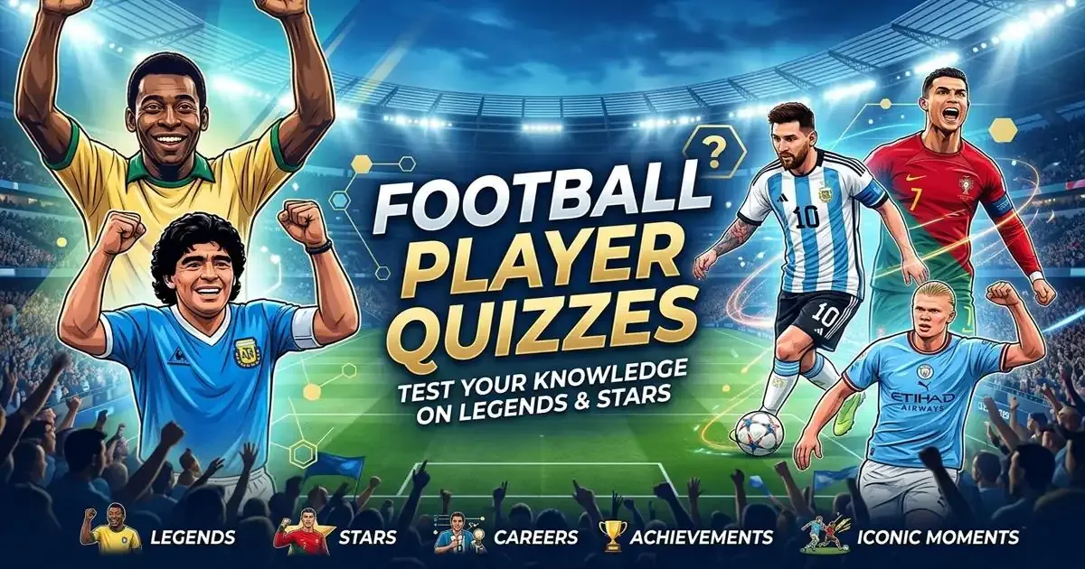 Football player quiz featuring famous players, silhouettes, and action moments on a stadium background