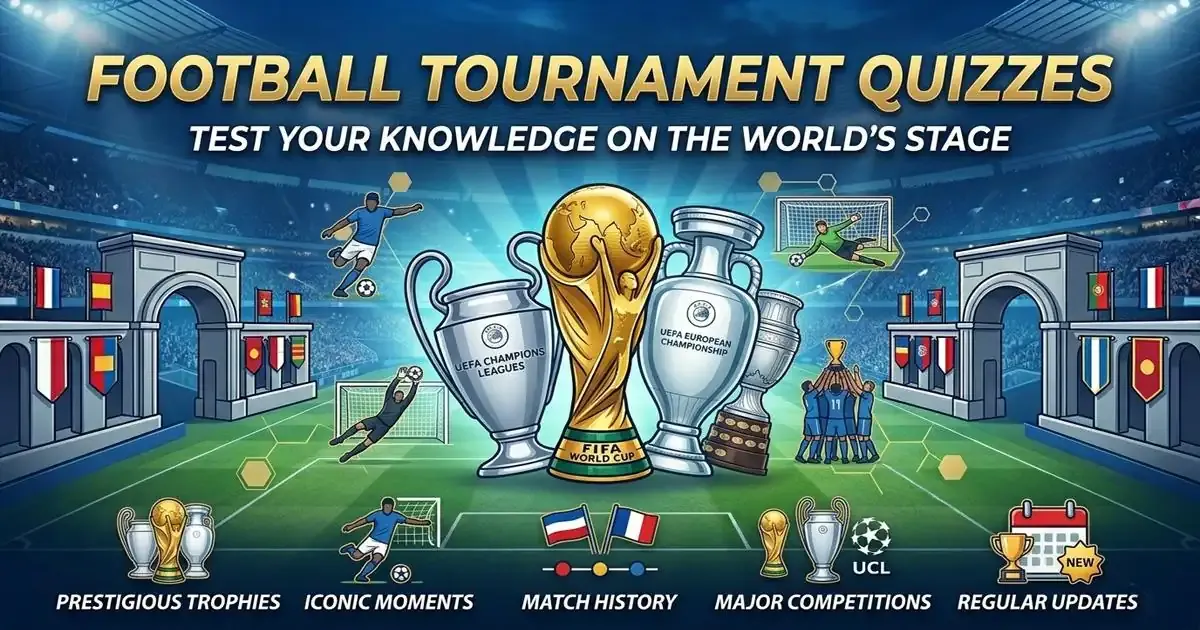 Football tournament quiz featuring trophy, stadium lights, and match action visuals