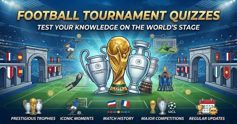 Football tournament quiz featuring trophy, stadium lights, and match action visuals