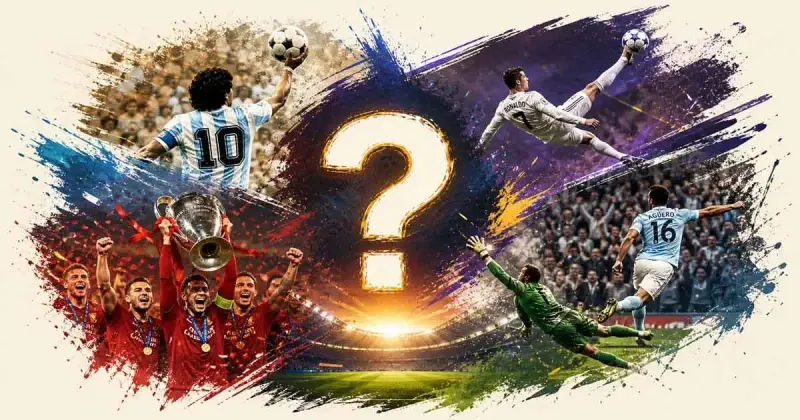 Football iconic matchday moments quiz banner with stadium and dramatic goal scene