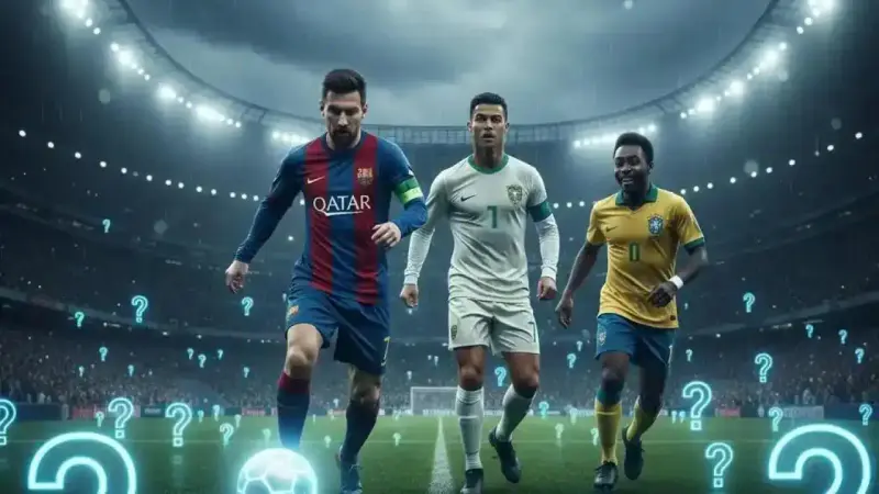 Football legends quiz banner with historic stadium atmosphere