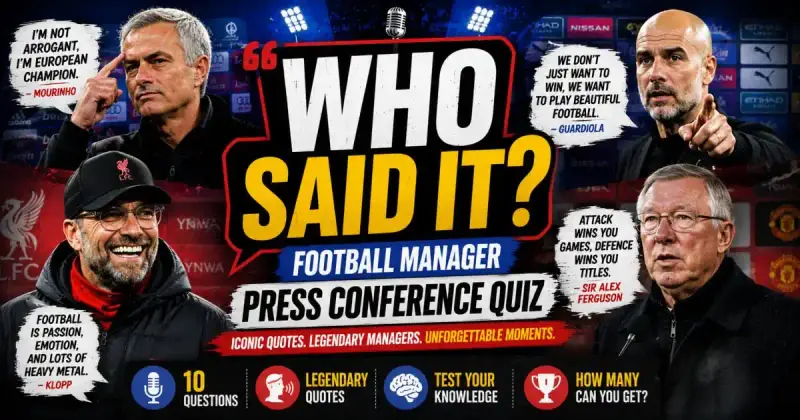 Football manager press conference quiz featuring Mourinho Klopp and Guardiola