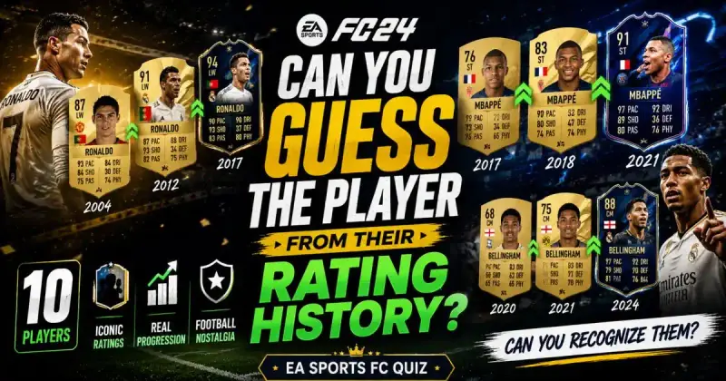 EA Sports FC football rating history quiz featuring legendary player progression