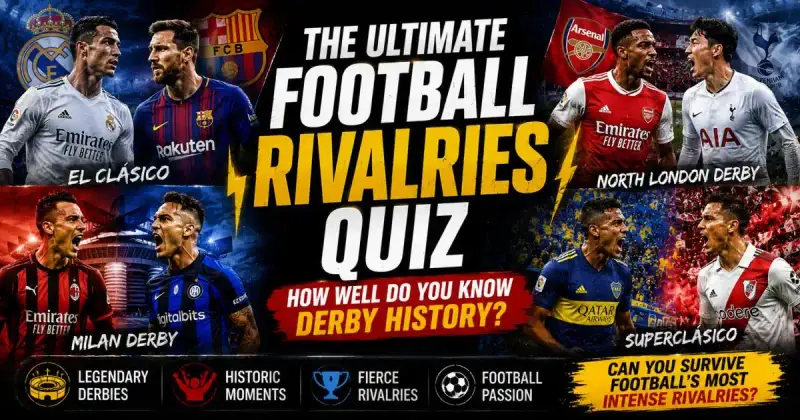 Ultimate football rivalries quiz featuring El Clásico, Milan Derby, and legendary derby atmospheres