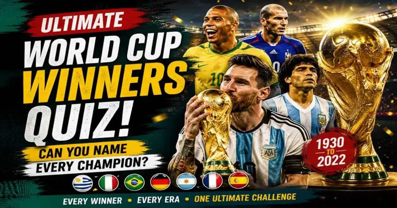 World Cup winners quiz banner featuring FIFA champions and football history