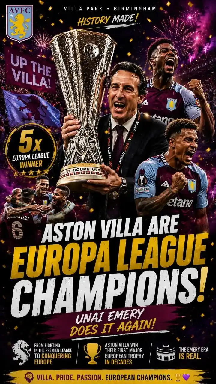 Aston Villa players celebrating UEFA Europa League 2026 triumph under Unai Emery