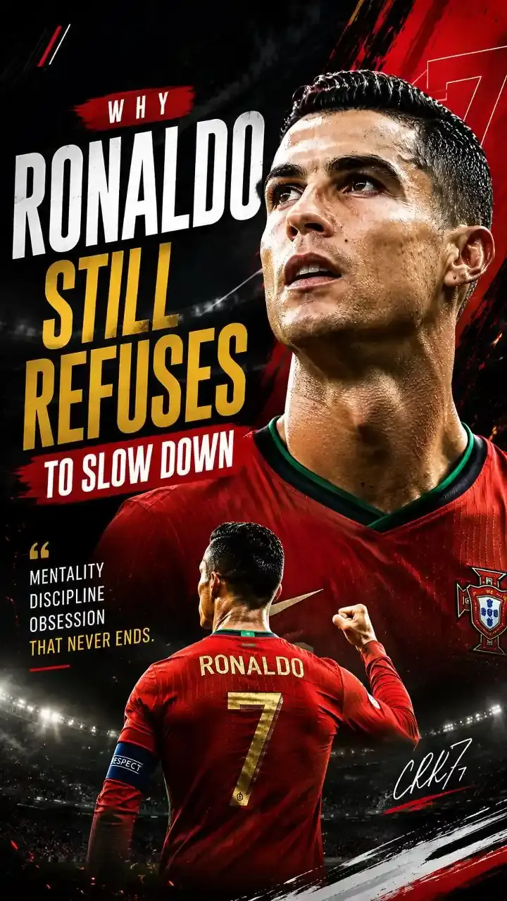 Cristiano Ronaldo standing under stadium lights with an intense football atmosphere