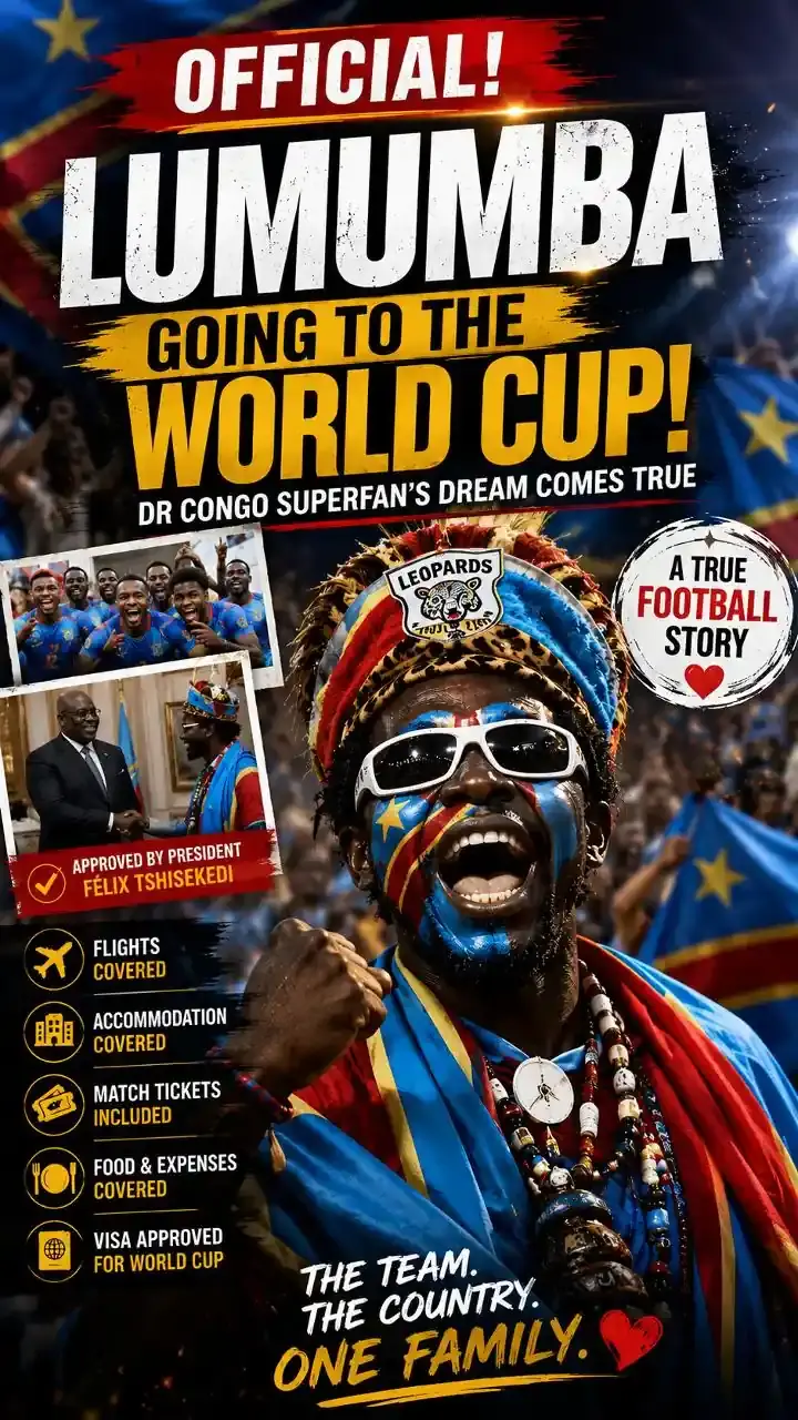 DR Congo superfan Lumumba celebrating with football passion and national pride