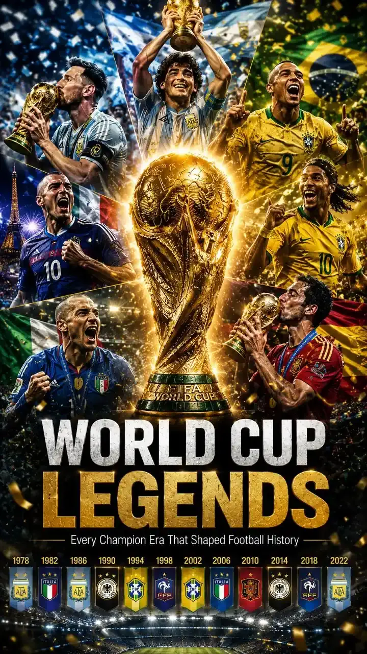 Legendary FIFA World Cup winning nations celebrating iconic victories