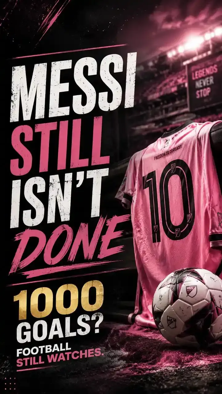Lionel Messi celebrating in an Inter Miami jersey under stadium lights