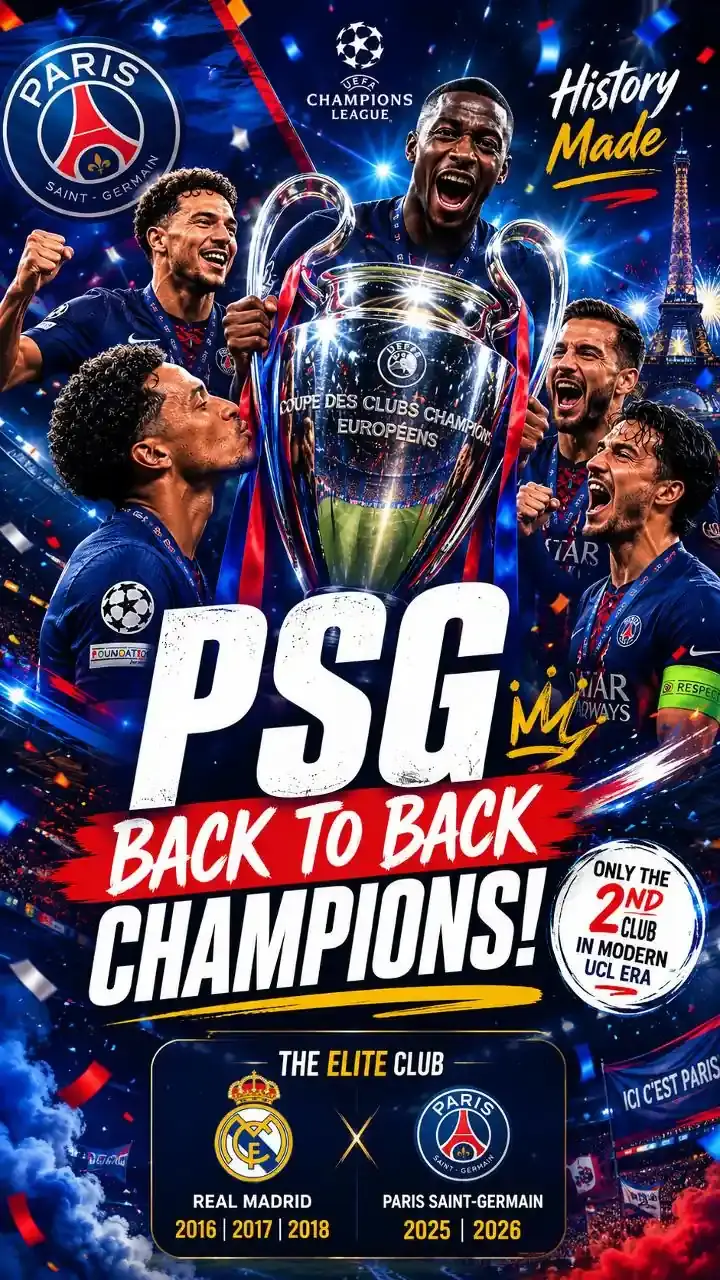 PSG players celebrating a historic consecutive Champions League triumph