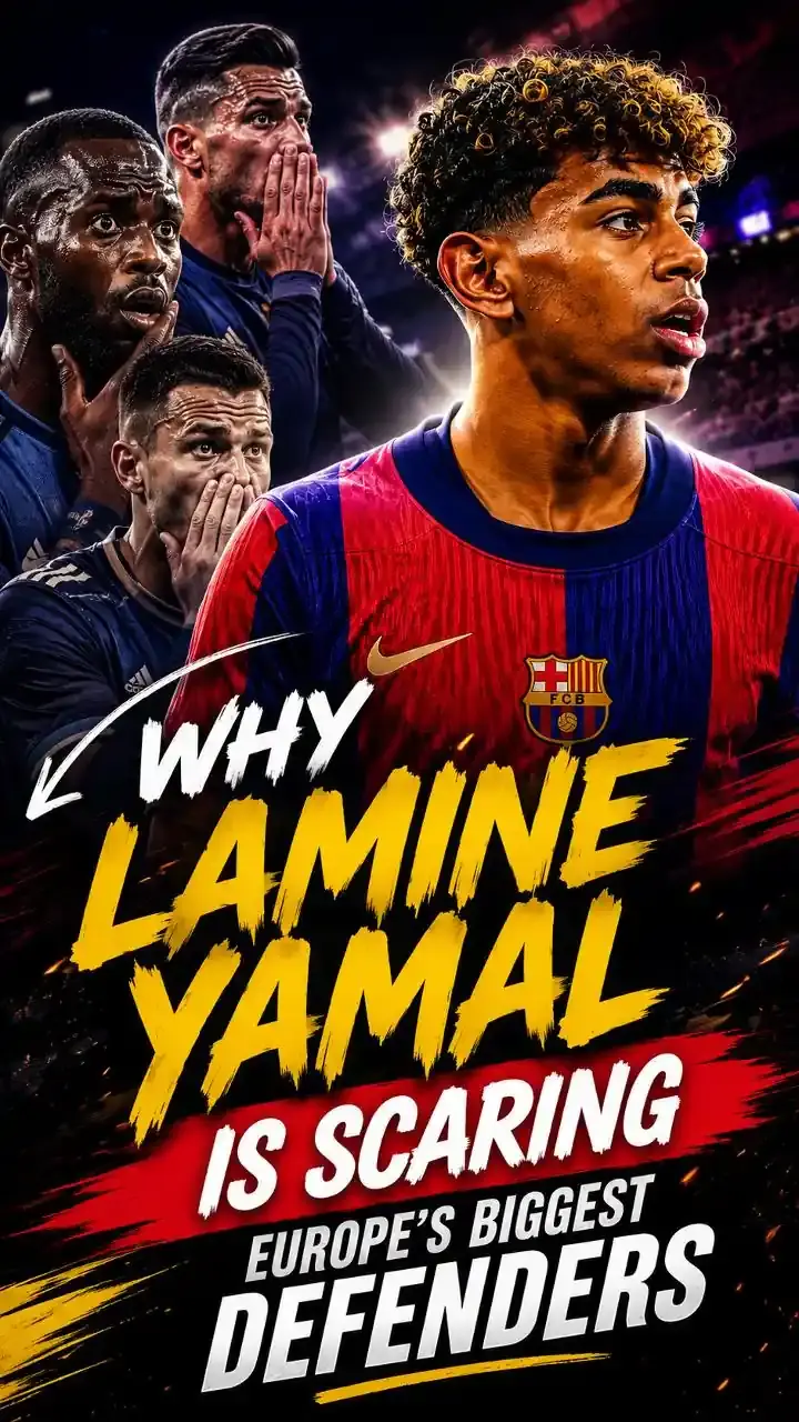 Lamine Yamal taking on elite defenders under stadium lights during a major football match
