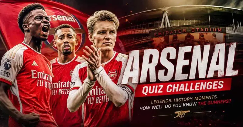 Arsenal football quiz themed image with stadium atmosphere and football elements