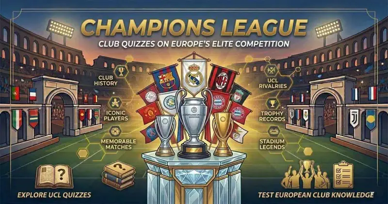 Football quiz featuring Champions League style trophy, stadium lights, and elite club visuals