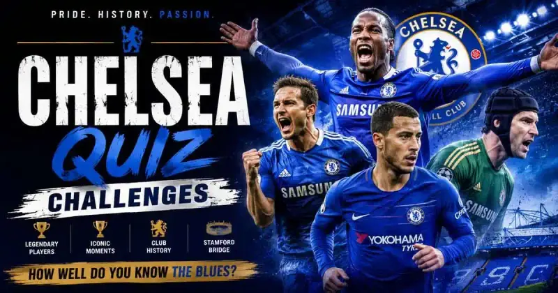 Chelsea football quiz themed image with stadium lights and football atmosphere