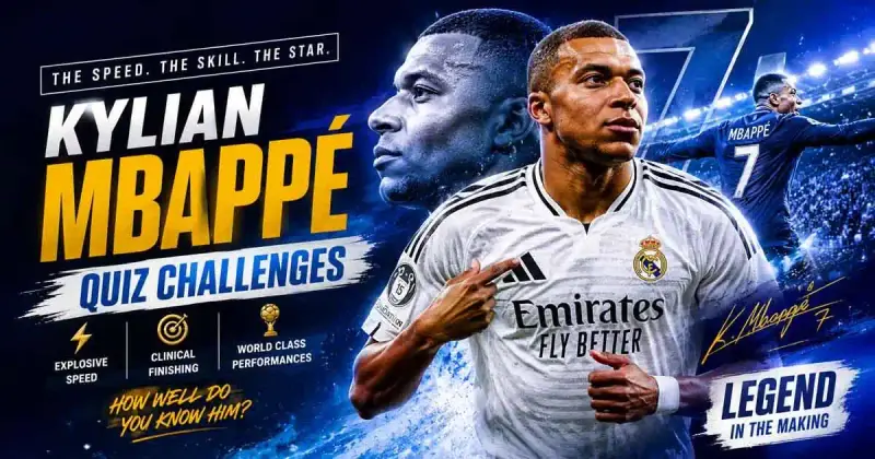 Kylian Mbappé football quiz themed image with stadium lights and football atmosphere