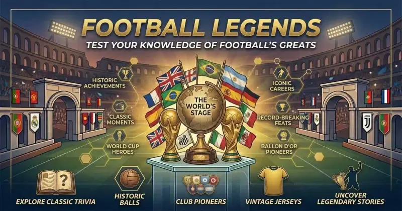 Football legends quiz featuring classic player silhouettes, vintage stadium lights, and iconic football moments