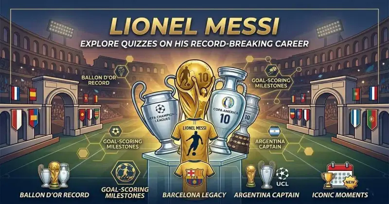 Football quiz featuring a player silhouette with number 10 and stadium lights representing Lionel Messi trivia