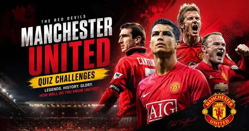 Manchester United football quiz themed image with stadium lights and football atmosphere