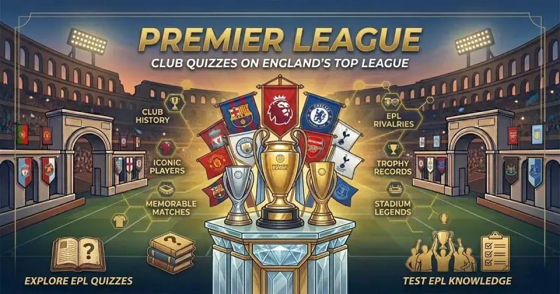 Football quiz featuring Premier League clubs, stadium lights, and team-themed visuals in a stadium setting