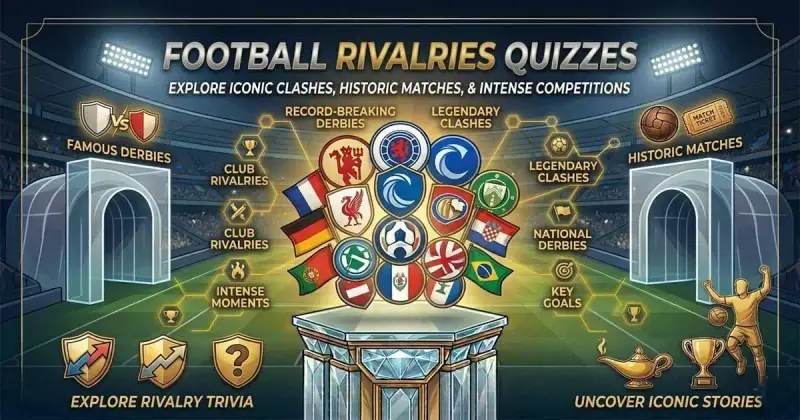 Football rivalry quiz featuring two opposing teams, stadium lights, and intense match atmosphere visuals