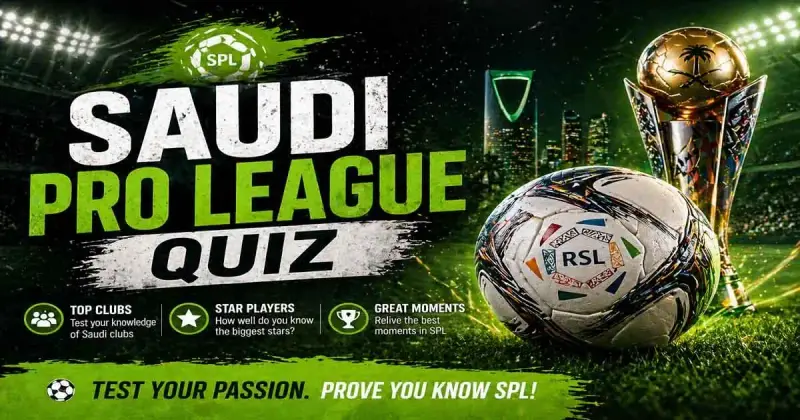 Football quiz featuring Saudi Pro League style stadium, glowing lights, and modern football visuals