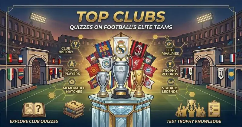 Football club quiz featuring iconic teams, stadium lights, and club-themed visuals in a stadium background