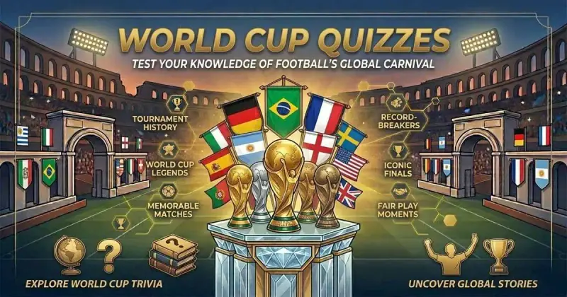 Football quiz featuring a world cup style trophy, global stadium lights, and international football visuals